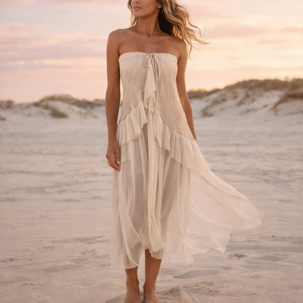 Aire Marino,Eva Pareo Dress Creamy Boho Resort ,Cover-Up,Vacation,Beach,Size OS
